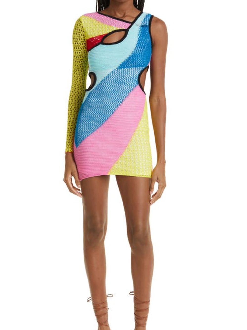 STAUD Marseille Rainbow One-Shoulder Knit Cutout Mini Dress Size M NWOT